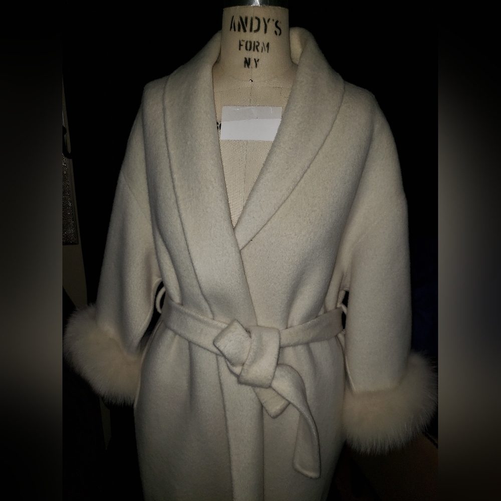 Couture 2 sided sheepskin wool real fox fur removal cuffs duster wraparound coat
